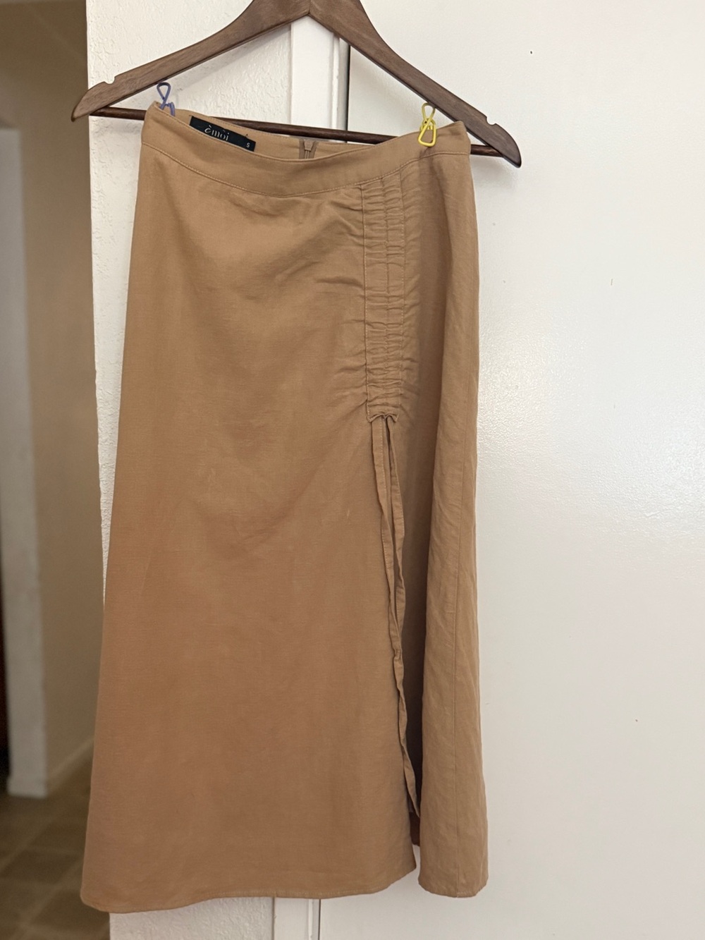 Émoi 100% Linen Tan Ruched Midi Skirt Sz S